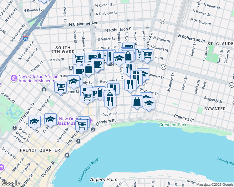 map of restaurants, bars, coffee shops, grocery stores, and more near 735 Mandeville Street in New Orleans