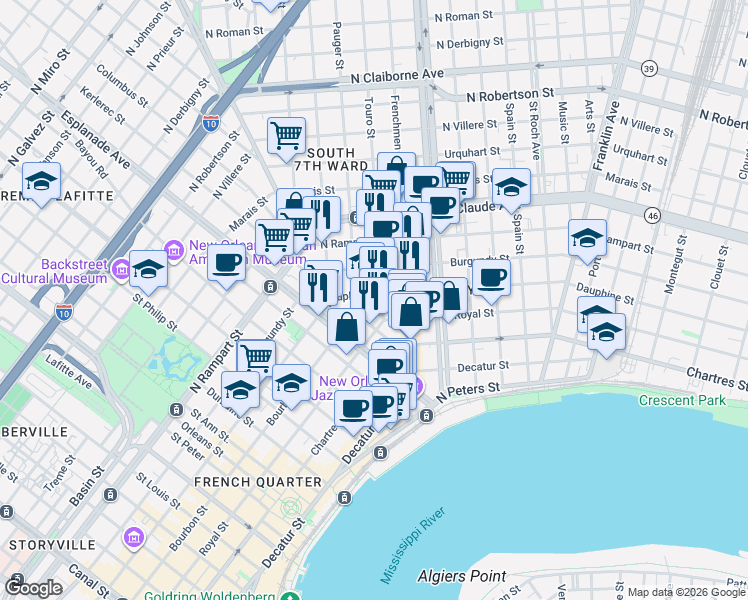 map of restaurants, bars, coffee shops, grocery stores, and more near 1507 Pauger Street in New Orleans