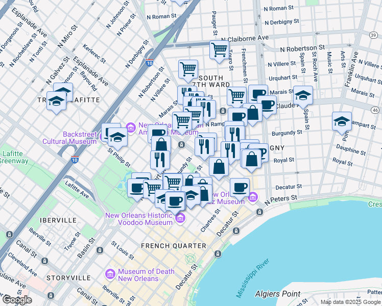 map of restaurants, bars, coffee shops, grocery stores, and more near in New Orleans