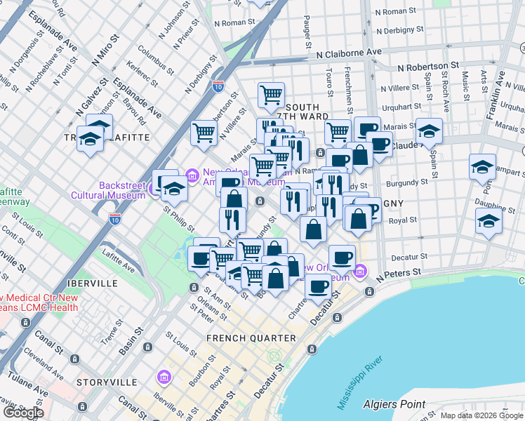 map of restaurants, bars, coffee shops, grocery stores, and more near in New Orleans