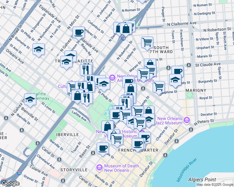 map of restaurants, bars, coffee shops, grocery stores, and more near 1317 Ursulines Avenue in New Orleans
