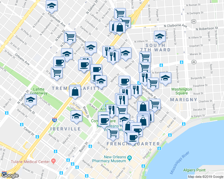 map of restaurants, bars, coffee shops, grocery stores, and more near 1317 Ursulines Avenue in New Orleans