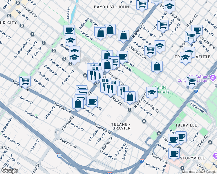 map of restaurants, bars, coffee shops, grocery stores, and more near 2604 Iberville Street in New Orleans