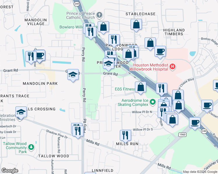 map of restaurants, bars, coffee shops, grocery stores, and more near 9611 Grant Road in Houston