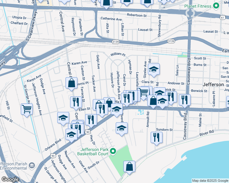 map of restaurants, bars, coffee shops, grocery stores, and more near 542 Jefferson Park Avenue in Jefferson
