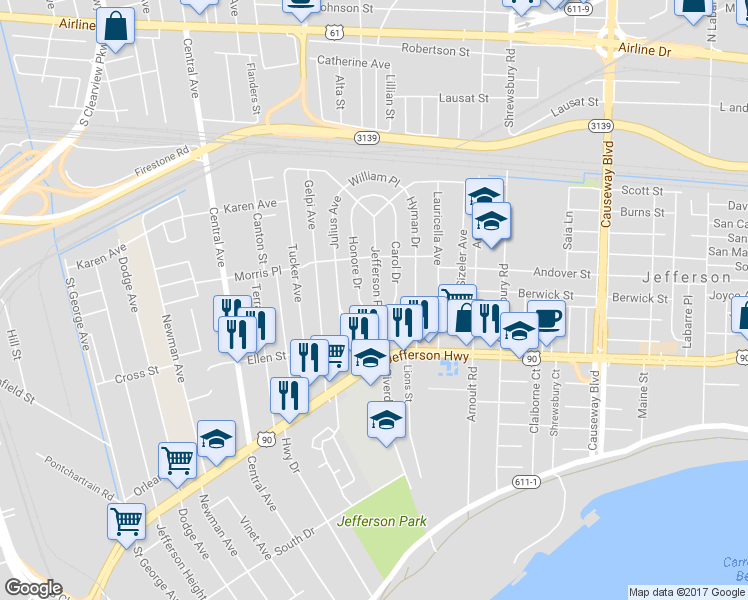 map of restaurants, bars, coffee shops, grocery stores, and more near 542 Jefferson Park Avenue in Jefferson