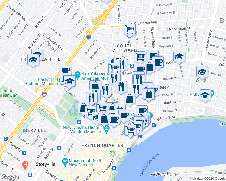 map of restaurants, bars, coffee shops, grocery stores, and more near 1020 Esplanade Avenue in New Orleans