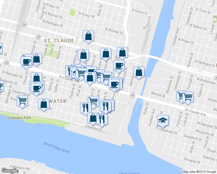 map of restaurants, bars, coffee shops, grocery stores, and more near 4301 St Claude Ave in New Orleans