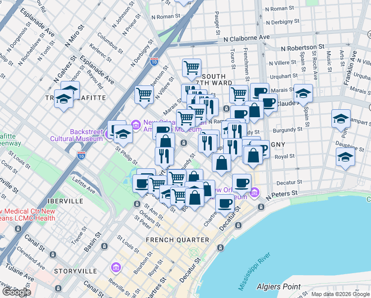 map of restaurants, bars, coffee shops, grocery stores, and more near in New Orleans