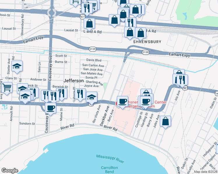 map of restaurants, bars, coffee shops, grocery stores, and more near 8 Sherling Avenue in Jefferson