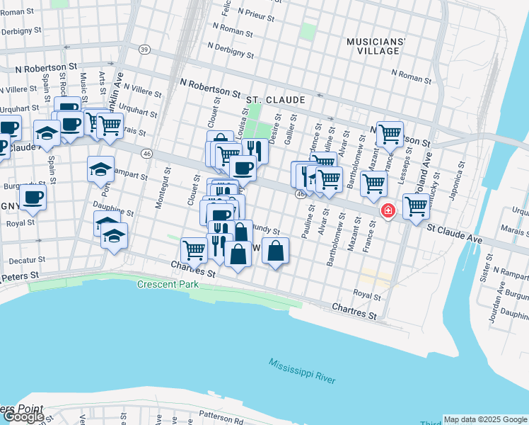 map of restaurants, bars, coffee shops, grocery stores, and more near 3411 North Rampart Street in New Orleans