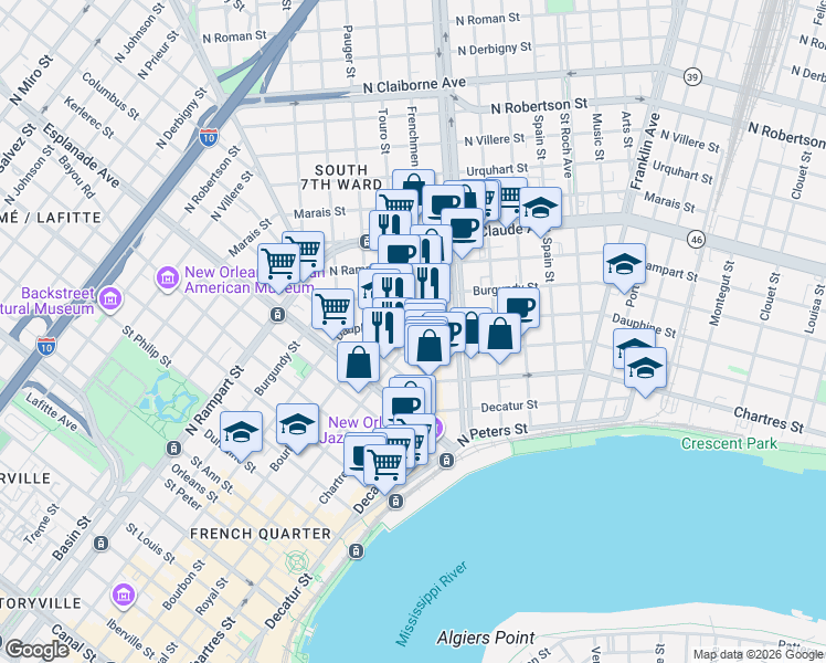 map of restaurants, bars, coffee shops, grocery stores, and more near 2021 Dauphine Street in New Orleans