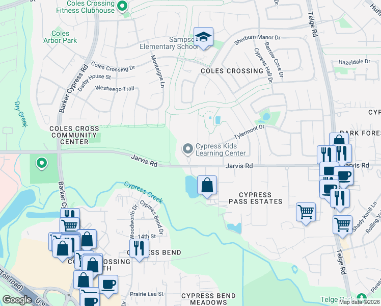 map of restaurants, bars, coffee shops, grocery stores, and more near 15802 Jarvis Road in Cypress