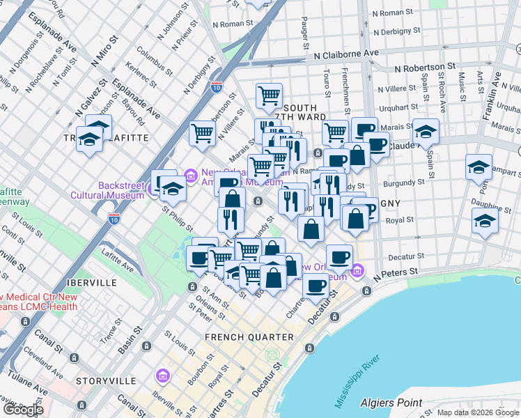 map of restaurants, bars, coffee shops, grocery stores, and more near 1031 Barracks Street in New Orleans