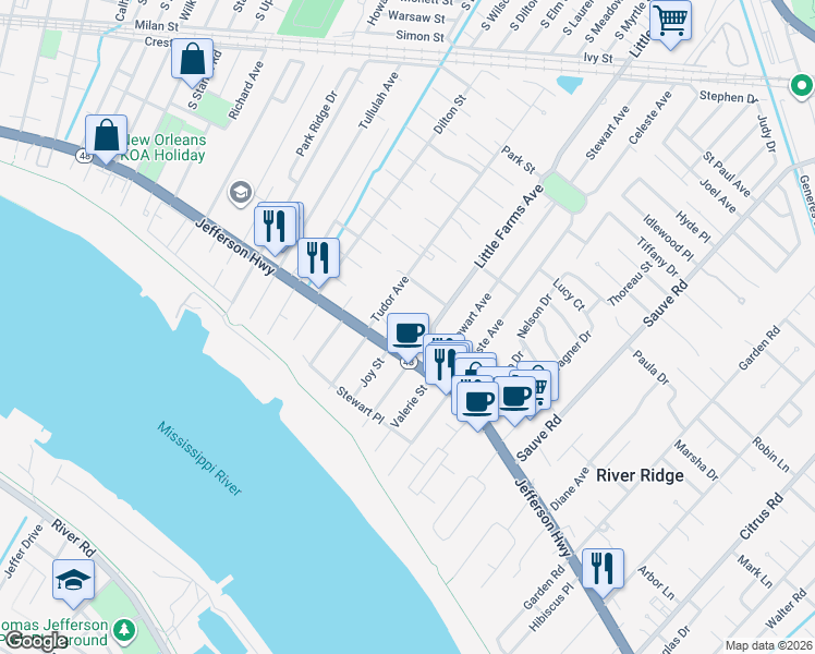 map of restaurants, bars, coffee shops, grocery stores, and more near 10411 Jefferson Highway in River Ridge