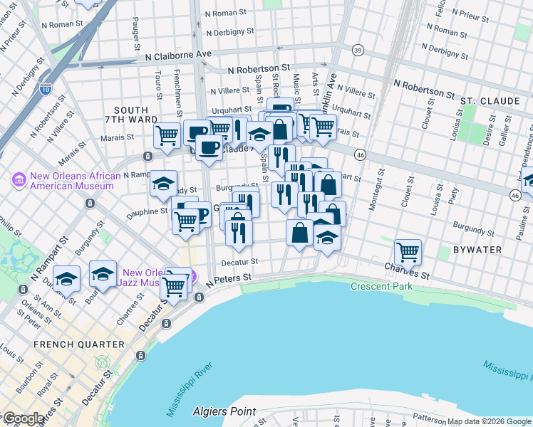 map of restaurants, bars, coffee shops, grocery stores, and more near 2460 Dauphine Street in New Orleans