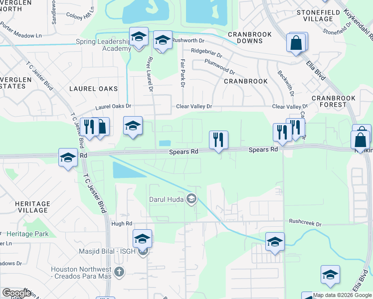 map of restaurants, bars, coffee shops, grocery stores, and more near 1363 Spears Road in Houston
