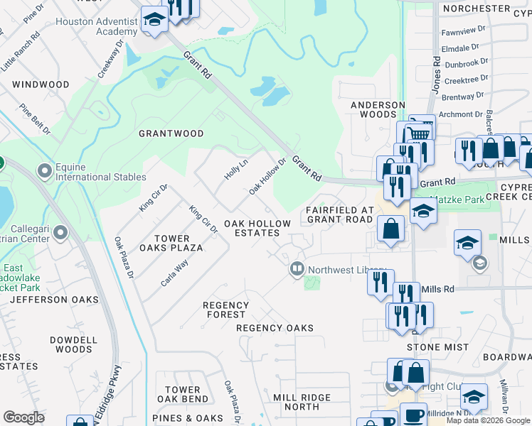 map of restaurants, bars, coffee shops, grocery stores, and more near 10 Oak Hollow Circle in Cypress