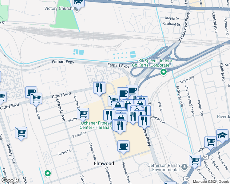 map of restaurants, bars, coffee shops, grocery stores, and more near 5133 Citrus Blvd in Elmwood