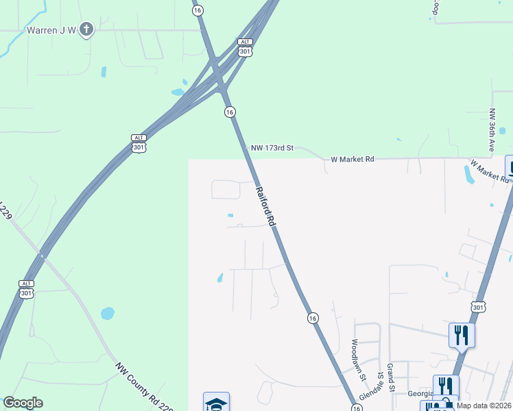 map of restaurants, bars, coffee shops, grocery stores, and more near 1825 Raiford Road in Starke