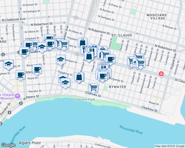 map of restaurants, bars, coffee shops, grocery stores, and more near 900 Clouet Street in New Orleans
