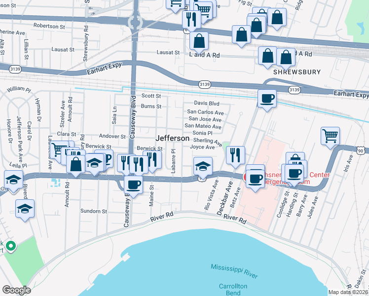 map of restaurants, bars, coffee shops, grocery stores, and more near 33 Joyce Avenue in Jefferson