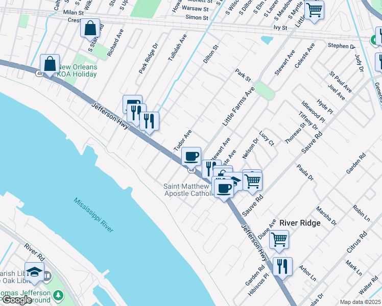 map of restaurants, bars, coffee shops, grocery stores, and more near 10411 Jefferson Highway in River Ridge