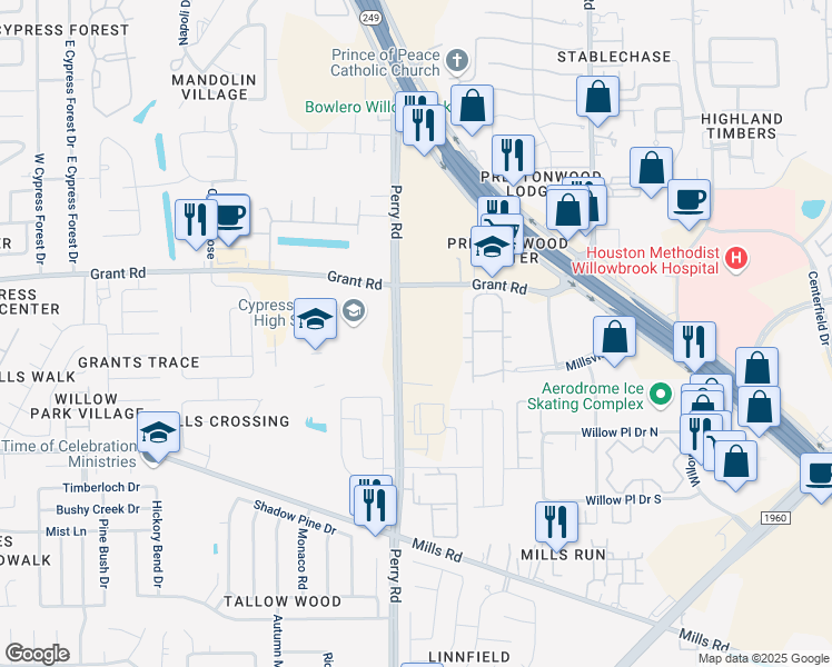 map of restaurants, bars, coffee shops, grocery stores, and more near 13350 Perry Road in Houston