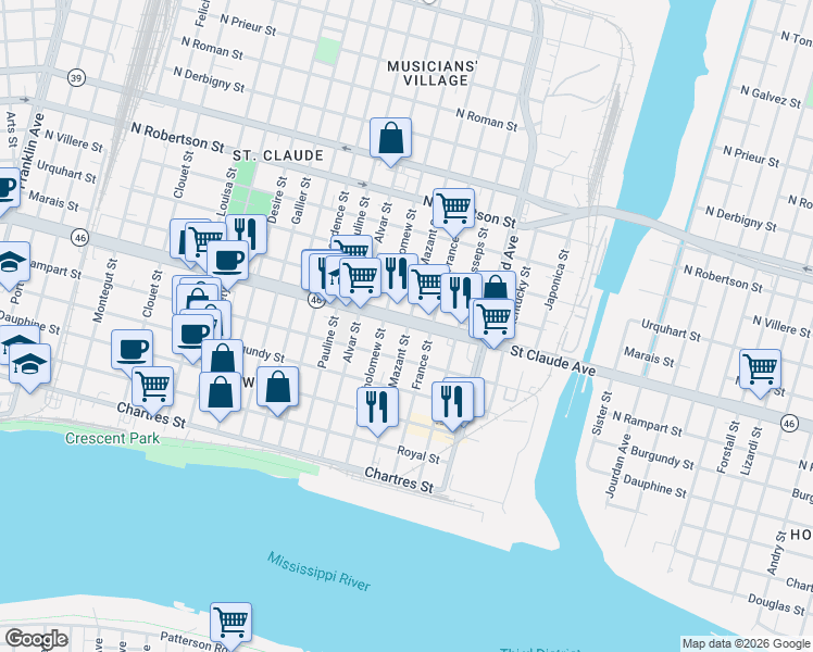 map of restaurants, bars, coffee shops, grocery stores, and more near 4036 Saint Claude Avenue in New Orleans