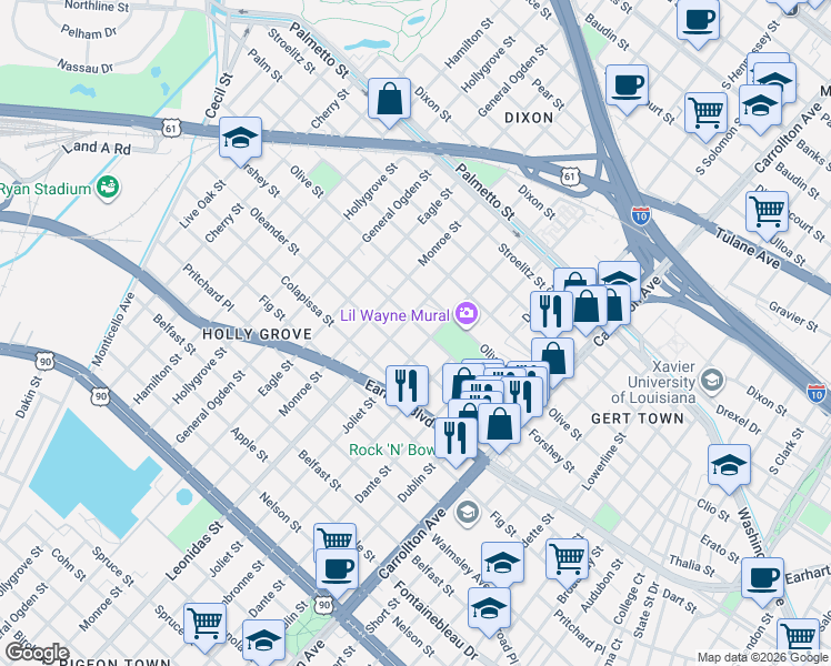 map of restaurants, bars, coffee shops, grocery stores, and more near 3310 Joliet Street in New Orleans