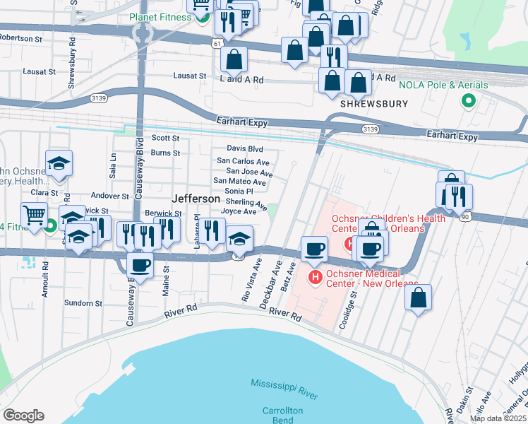 map of restaurants, bars, coffee shops, grocery stores, and more near 8 Sherling Avenue in Jefferson