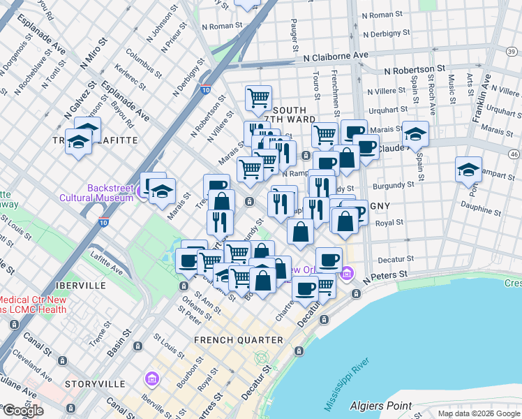 map of restaurants, bars, coffee shops, grocery stores, and more near in New Orleans