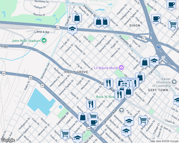 map of restaurants, bars, coffee shops, grocery stores, and more near 3020 Eagle Street in New Orleans