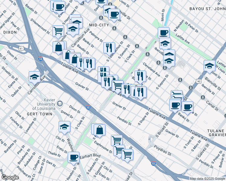 map of restaurants, bars, coffee shops, grocery stores, and more near Tulane Ave & S Jefferson Davis Pkwy in New Orleans