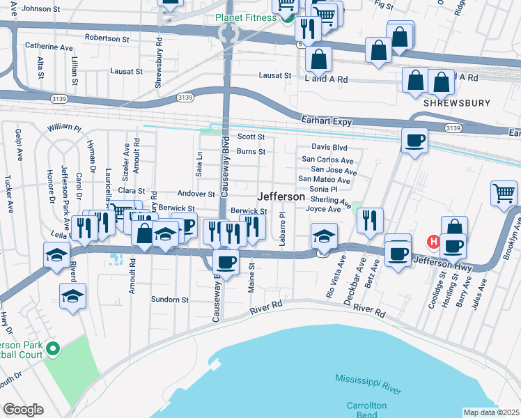 map of restaurants, bars, coffee shops, grocery stores, and more near 1001 Claiborne Drive in Jefferson