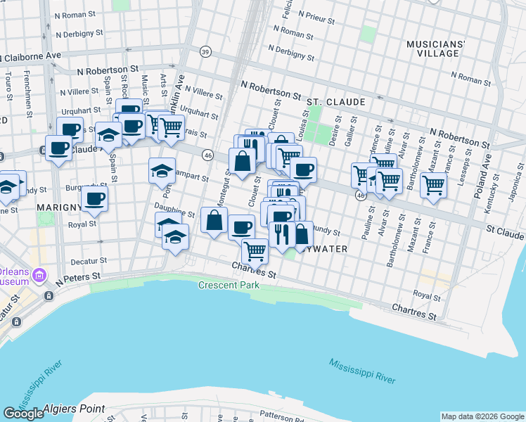 map of restaurants, bars, coffee shops, grocery stores, and more near 3147 Burgundy Street in New Orleans