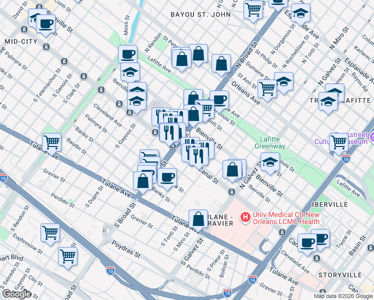 map of restaurants, bars, coffee shops, grocery stores, and more near in New Orleans