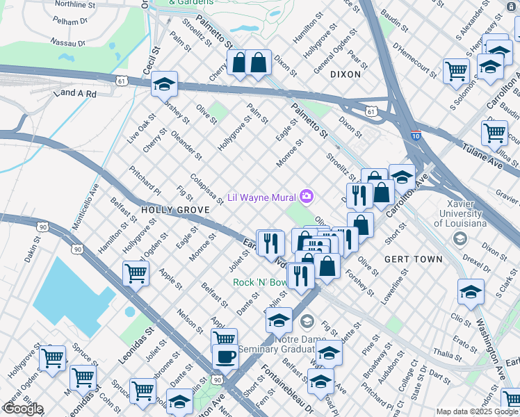 map of restaurants, bars, coffee shops, grocery stores, and more near 3202 Leonidas Street in New Orleans