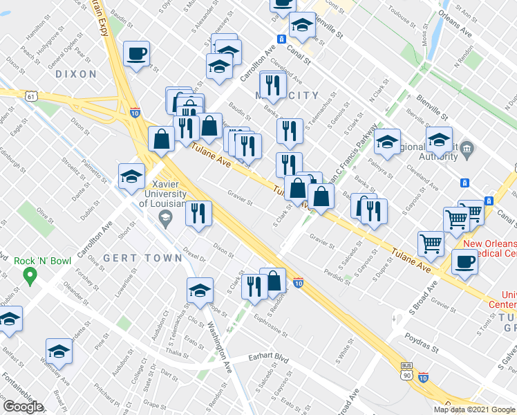 map of restaurants, bars, coffee shops, grocery stores, and more near 3617 Gravier Street in New Orleans
