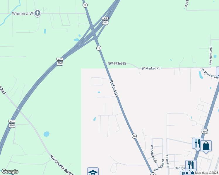 map of restaurants, bars, coffee shops, grocery stores, and more near 1825 Raiford Road in Starke