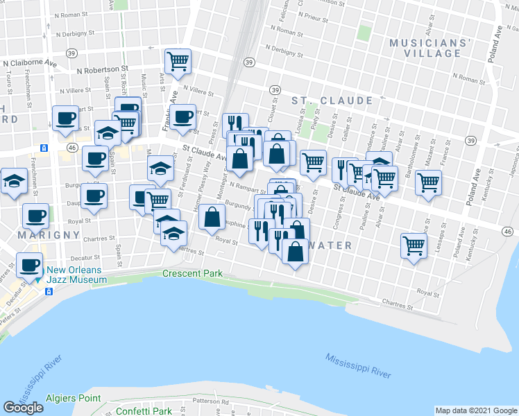 map of restaurants, bars, coffee shops, grocery stores, and more near 3147 Burgundy Street in New Orleans