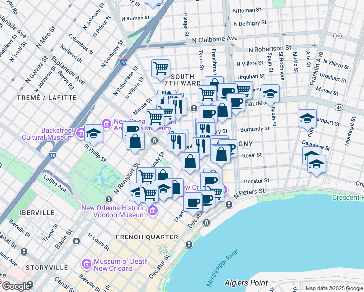 map of restaurants, bars, coffee shops, grocery stores, and more near in New Orleans