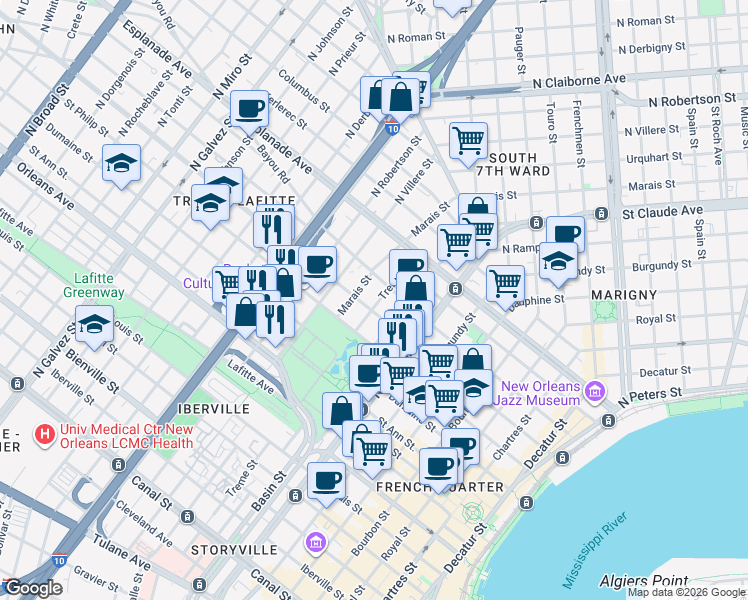 map of restaurants, bars, coffee shops, grocery stores, and more near 1317 Ursulines Avenue in New Orleans