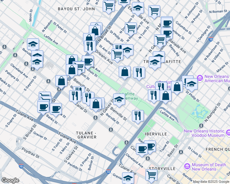 map of restaurants, bars, coffee shops, grocery stores, and more near in New Orleans