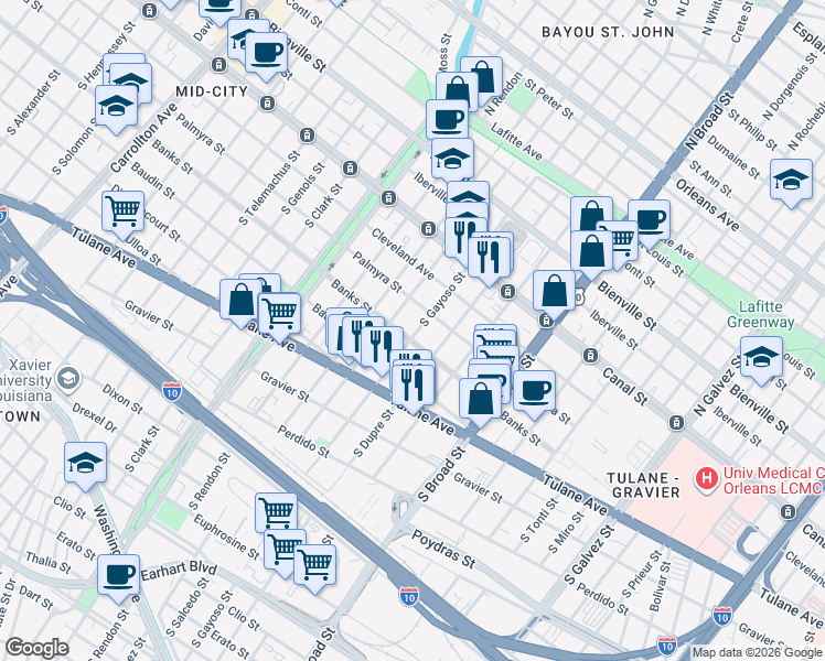 map of restaurants, bars, coffee shops, grocery stores, and more near 3013 Banks Street in New Orleans