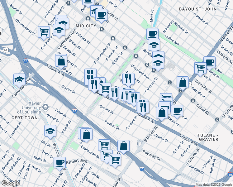 map of restaurants, bars, coffee shops, grocery stores, and more near 504 South Rendon Street in New Orleans