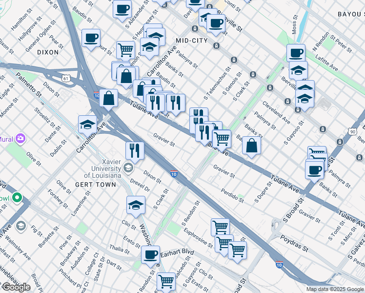 map of restaurants, bars, coffee shops, grocery stores, and more near 3617 Gravier Street in New Orleans