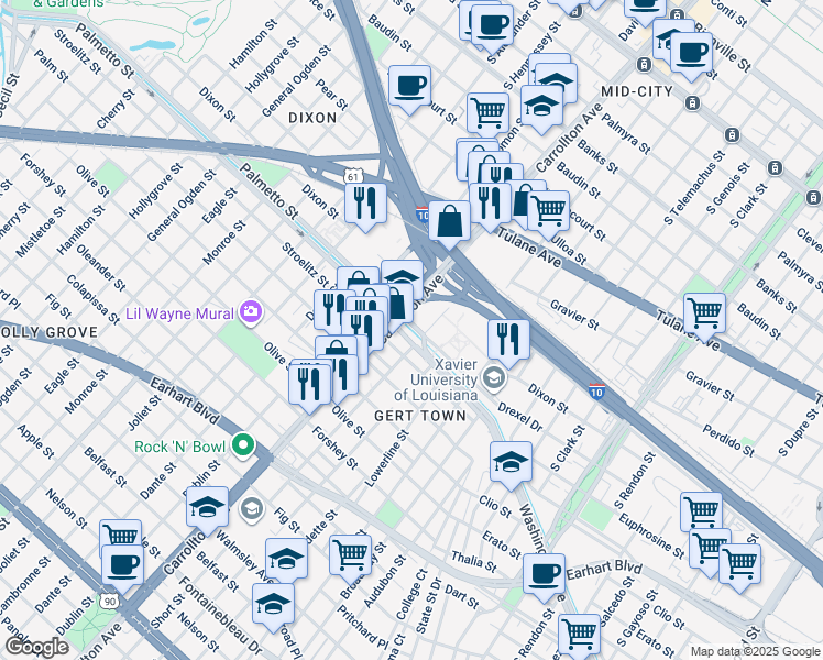 map of restaurants, bars, coffee shops, grocery stores, and more near 1 Drexel Drive in New Orleans