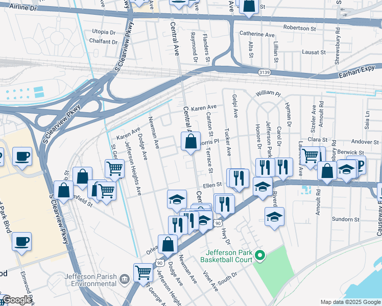 map of restaurants, bars, coffee shops, grocery stores, and more near 687 Central Avenue in Jefferson