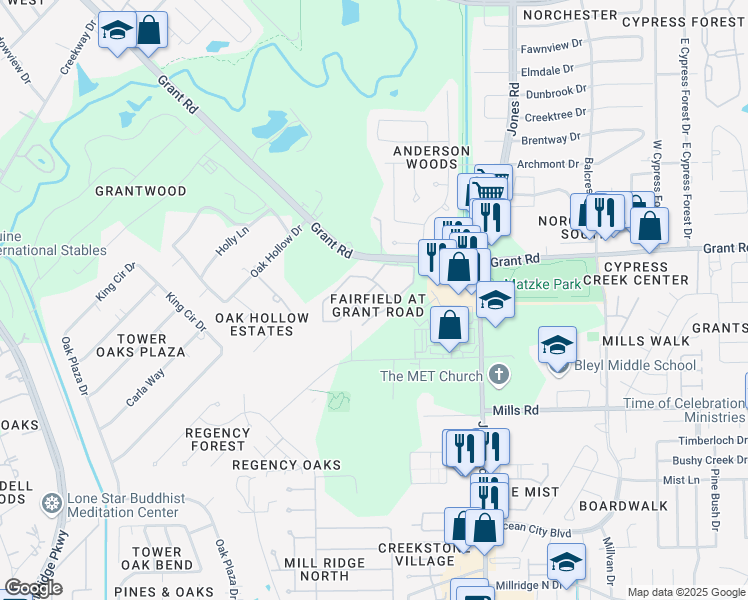 map of restaurants, bars, coffee shops, grocery stores, and more near 11111 Grant Road in Cypress